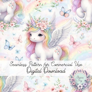 May include: A seamless pattern featuring a whimsical unicorn with a rainbow mane, a floral crown, and delicate wings. Pastel butterflies and flowers are scattered across a soft, watercolour background. The text reads "Seamless Pattern for Commercial Use Digital Download."