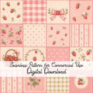Jordgubbslapptäcke sömlöst mönster, digitalt papper med Cottagecore-motiv, rosa ginghamblommor (digital nedladdning)