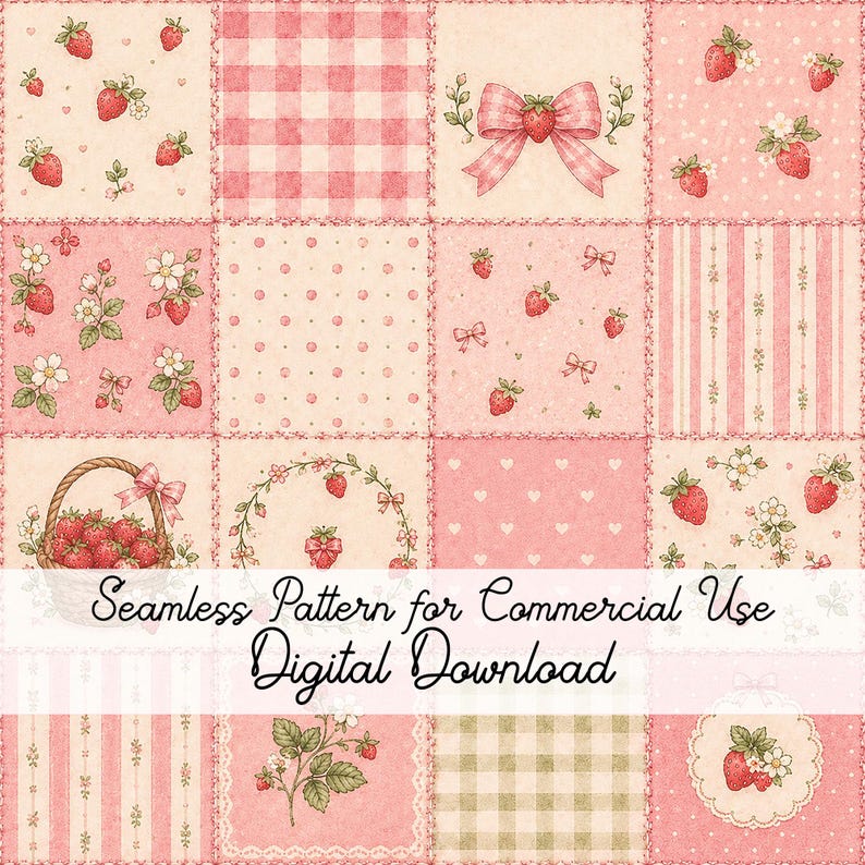 Pu&ograve; includere: Un motivo digitale senza cuciture con una griglia di quadrati nei toni del rosa e crema, che include fragole, quadretti vichy, righe, fiocchi e un cestino di fragole. Il testo recita Seamless Pattern for Commercial Use Digital Download.