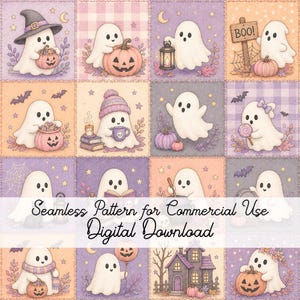 May include: A digital seamless pattern featuring a grid of twelve squares with white ghosts in various Halloween scenes, including pumpkins, lanterns, books, and a haunted house, with the text Seamless Pattern for Commercial Use Digital Download.