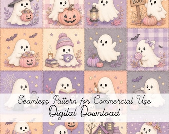 May include: A digital seamless pattern featuring a grid of twelve squares with white ghosts in various Halloween scenes, including pumpkins, lanterns, books, and a haunted house, with the text Seamless Pattern for Commercial Use Digital Download.