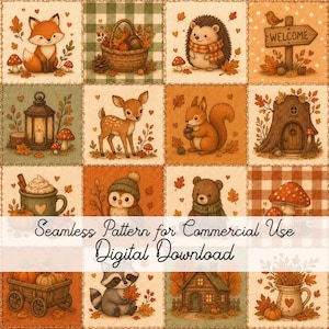 Puede incluir: Un patrón digital sin costuras que presenta una cuadrícula de ilustraciones con temática otoñal, incluyendo un zorro, erizo, ciervo, ardilla, búho, oso, mapache, setas, calabazas, un farol, un letrero de madera con WELCOME y una cabaña con texto superpuesto.