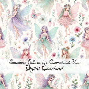 Puede incluir: Un patrón sin costuras con ilustraciones de acuarela de hadas con vestidos y alas en tonos pastel, rodeadas de flores y mariposas. El texto "Seamless Pattern for Commercial Use Digital Download" se muestra en la parte inferior.