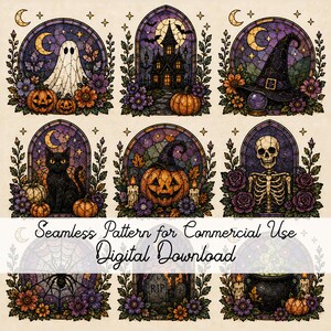 Può includere: Una collezione digitale di nove illustrazioni in stile vetrata con motivi di Halloween tra cui un fantasma, una casa stregata, un cappello da strega, un gatto nero, una zucca, uno scheletro, una ragnatela, una lapide e un calderone con il testo Seamless Pattern for Commercial Use Digital Download.