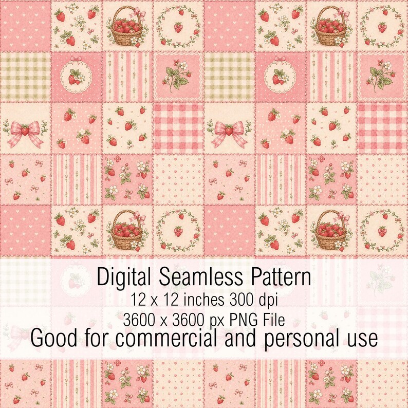 Pu&ograve; includere: Un motivo digitale senza cuciture con una griglia patchwork di quadrati rosa e crema con motivi di fragole, cestini di fragole, quadretti vichy, strisce e fiocchi. Il testo recita: Digital Seamless Pattern 12 x 12 inches 300 dpi 3600 x 3600 px PNG File.