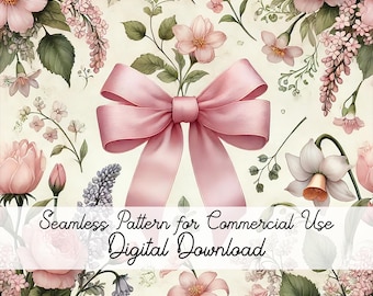 Pink Bows Seamless Pattern: Coquette Floral Watercolor (Digital Download)