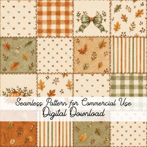 Könnte beinhalten: Ein digitales Patchwork-Design mit sechzehn Quadraten und herbstlichen Motiven wie orangefarbenen Kürbissen, braunen Eichenblättern, grünen Streifen, orangefarbenem Vichy-Muster, Punkten, Herzen und einer Schleife. Text: Seamless Pattern for Commercial Use Digital Download.