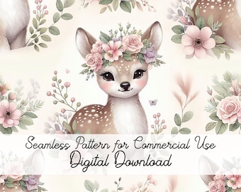 Watercolor Deer Seamless Pattern: Floral Crown, Easter, Baby Shower (PNG Digital Download)