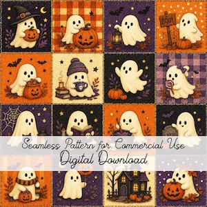 May include: A digital seamless pattern featuring sixteen square tiles with various illustrations of white ghosts, pumpkins, bats, and Halloween-themed items. The text Seamless Pattern for Commercial Use Digital Download is overlaid.