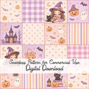 Può includere: Un motivo digitale senza cuciture che presenta una griglia di illustrazioni a tema Halloween tra cui streghe, fantasmi, gatti neri, zucche, pipistrelli e case infestate in toni pastello viola e arancione con il testo Seamless Pattern for Commercial Use Digital Download.