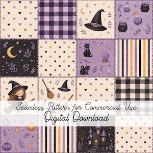 May include: A digital patchwork pattern featuring sixteen squares with Halloween-themed illustrations including witch hats, black cats, pumpkins, cauldrons, moons, and stars in purple, black, orange, and cream. Text reads: Seamless Pattern for Commercial Use Digital Download.