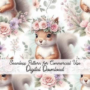 Könnte beinhalten: Ein nahtloses Muster mit einem niedlichen Cartoon-Eichhörnchen, das eine rosa-weiße Blumenkrone trägt. Der Hintergrund ist weiß mit rosa-weißen Blumen und Blättern.