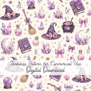 May include: A seamless pattern featuring purple witch hats, spell books, crystal balls, cauldrons, brooms, candles, and crystals on a cream background. The text reads Seamless Pattern for Commercial Use Digital Download.