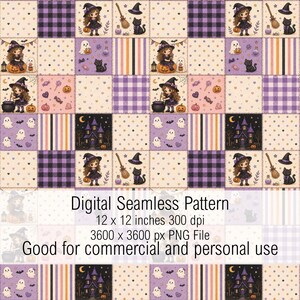 May include: A digital seamless pattern featuring a grid of Halloween-themed squares with illustrations of witches, ghosts, black cats, haunted houses, pumpkins, and brooms in purple, orange, and cream. Text reads: Digital Seamless Pattern 12 x 12 inches 300 dpi 3600 x 3600 px PNG File Good for commercial and personal use.