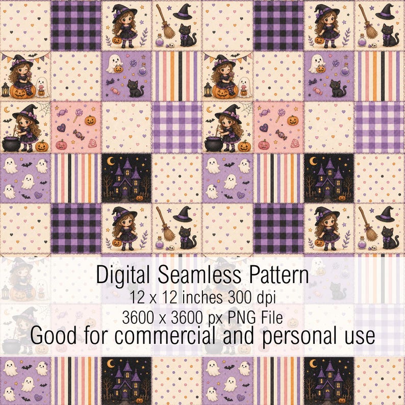 May include: A digital seamless pattern featuring a grid of Halloween-themed squares with illustrations of witches, ghosts, black cats, haunted houses, pumpkins, and brooms in purple, orange, and cream. Text reads: Digital Seamless Pattern 12 x 12 inches 300 dpi 3600 x 3600 px PNG File Good for commercial and personal use.