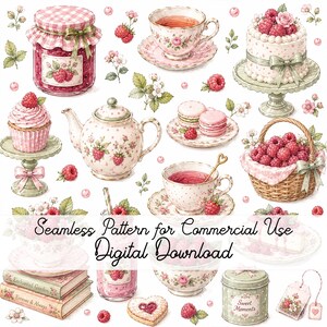 May include: A digital pattern featuring raspberries, a jam jar, teacups, a teapot, a cake on a stand, macarons, a basket of berries, books, and a tin. The text reads: Seamless Pattern for Commercial Use Digital Download. The items are pink and green.