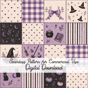 May include: A digital patchwork pattern featuring sixteen squares with purple and black themes. Elements include witch hats, cauldrons, spell books, black cats, pumpkins, hearts, stars, moons, bows, and stripes. Text reads: Seamless Pattern for Commercial Use Digital Download.