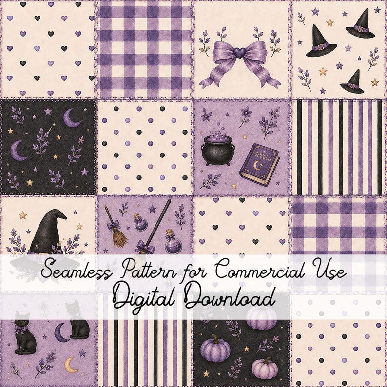 May include: A digital patchwork pattern featuring sixteen squares with purple and black themes. Elements include witch hats, cauldrons, spell books, black cats, pumpkins, hearts, stars, moons, bows, and stripes. Text reads: Seamless Pattern for Commercial Use Digital Download.