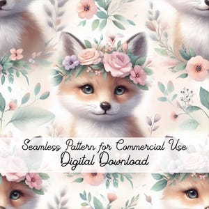 Watercolor Fox Seamless Pattern: Floral Crown, Spring PNG (Digital Download)