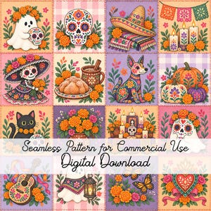 Peut inclure: Un motif numérique sans couture présentant des éléments du Jour des Morts comme des crânes en sucre, des fantômes, des soucis, des citrouilles, un sombrero, une guitare et un chien. Le texte indique Seamless Pattern for Commercial Use Digital Download.