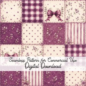 Op de afbeelding: Een digitaal naadloos patroon met een raster van vierkanten in paarse en crèmetinten. De ontwerpen bevatten gingham-ruiten, stippen, verticale strepen, bloemtakjes en strikken. Tekst: Seamless Pattern for Commercial Use Digital Download.