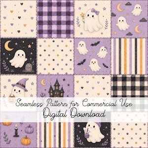 Könnte beinhalten: Ein digitales nahtloses Muster mit einem Raster aus Quadraten mit Halloween-Motiven wie Geistern, Kürbissen, Fledermäusen, Monden, Sternen, Spukhäusern sowie karierten oder gestreiften Hintergründen in Lila, Orange, Schwarz und Creme. Der Text lautet Seamless Pattern for Commercial Use Digital Download.