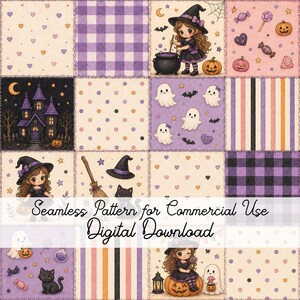 May include: A digital seamless pattern featuring a grid of Halloween-themed squares with illustrations of witches, ghosts, black cats, pumpkins, candy, haunted houses, and plaid or striped backgrounds. The text reads Seamless Pattern for Commercial Use Digital Download.