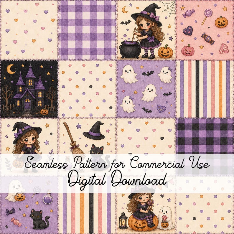 May include: A digital seamless pattern featuring a grid of Halloween-themed squares with illustrations of witches, ghosts, black cats, pumpkins, candy, haunted houses, and plaid or striped backgrounds. The text reads Seamless Pattern for Commercial Use Digital Download.