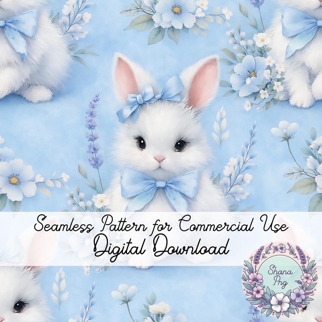 Rabbit Pattern Blue Watercolor Rabbit Seamless Pattern: Blue Bow, Floral Design (digital ...