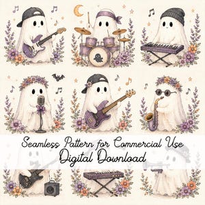 Spökband Halloween sömlöst mönster, pastellfärgat nyckfullt digitalt papper (digital nedladdning)