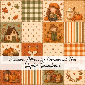 Könnte beinhalten: Ein digitales nahtloses Muster mit einem Raster aus herbstlichen Illustrationen, darunter eine Person mit Kaffee, Kürbisse, ein Haus, eine Vogelscheuche, ein Fuchs, eine Laterne und Obst, mit dem Text Seamless Pattern for Commercial Use Digital Download.