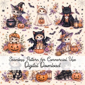 Puede incluir: Un patrón digital sin costuras con gatitos en varios disfraces de Halloween, incluyendo sombreros de bruja, capas y mantos de fantasma, rodeados de calabazas, flores y murciélagos. El texto dice Seamless Pattern for Commercial Use Digital Download.