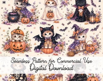 May include: A seamless digital pattern featuring kittens in various Halloween costumes, including witch hats, capes, and ghost cloaks, surrounded by pumpkins, flowers, and bats. The text reads Seamless Pattern for Commercial Use Digital Download.
