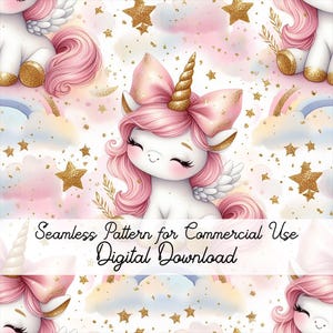 May include: A seamless digital pattern featuring white unicorns with pink manes, gold glitter horns, and gold glitter stars on a white background. The text Seamless Pattern for Commercial Use Digital Download is centered over the repeating unicorn design.