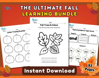 Pode incluir: O Ultimate Fall Learning Bundle, uma coleção de 92 páginas de planilhas educacionais. Inclui rastreamento de letras, prática de palavras e atividades de colorir. Apresenta ilustrações de abóboras e folhas, com o texto "Download instantâneo".