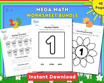 Hojas de trabajo de matemáticas para preescolar imprimibles, hojas para contar y colorear, imprimibles para educación en casa, actividades de matemáticas, hojas de trabajo de matemáticas para niños