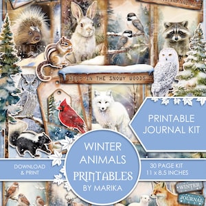 Winter Tier Junk Journal Kit. Digitaler Download. Scrapbooking. Druckbare Bilder. Waldtiere. Papierkunst. Ephemera. Journaling Seiten.
