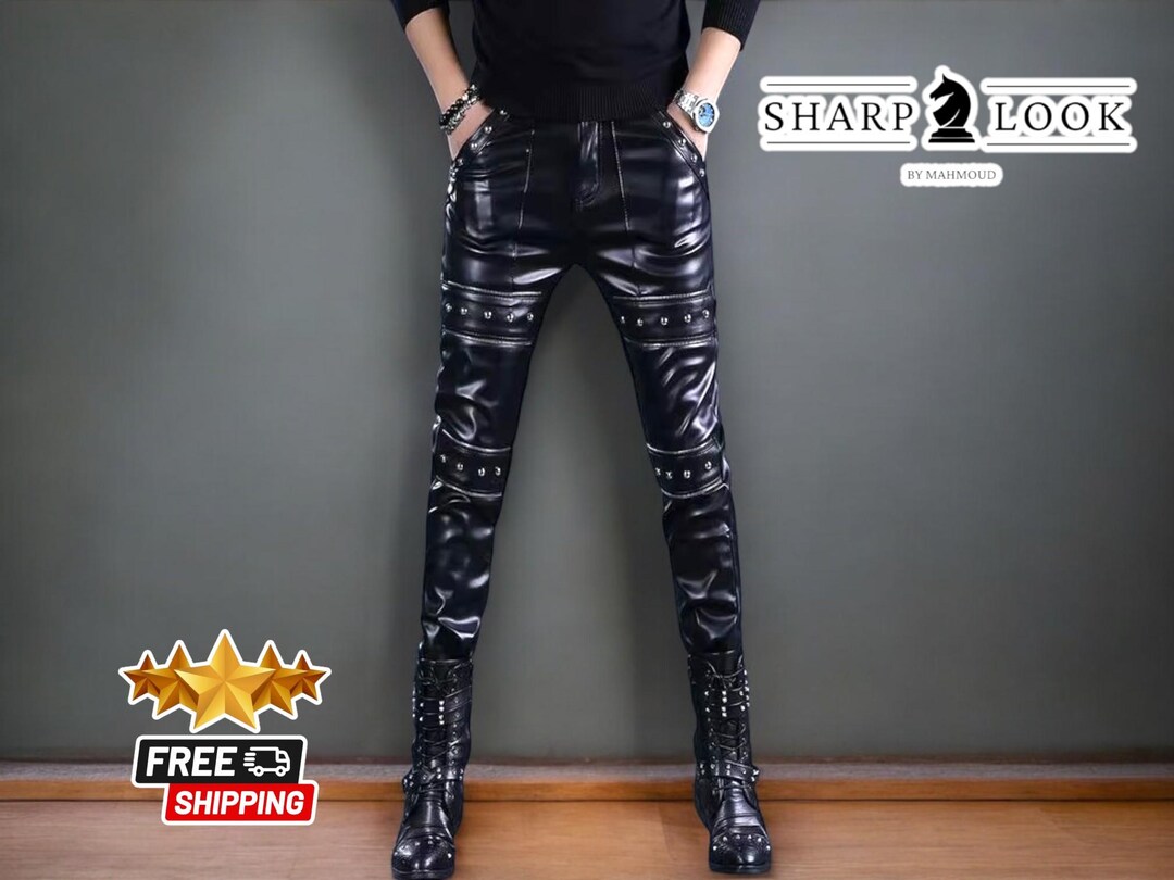Men Black Leather Biker Style Jeans Pants Trousers with White Piping -J10 main image 0