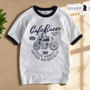 Camisa masculina de algodão estampada | Camiseta gráfica com letras de motociclista | Blusa folgada de verão com gola redonda | Pulôver casual confortável de manga curta