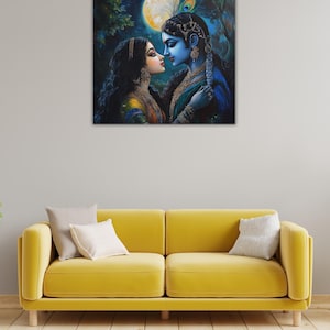 Göttliche Krishna und Radha Kunst.Spiritueller Leinwand Druck von Lord Krishna im Mondlicht. Perfekte Meditation und religiöse Wanddekoration