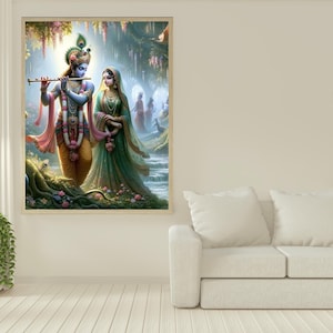 Radha Krishna Artwork, Hindu Wall Art, Hindu God Art, Radha Krishna Wall Decor, yoga art, spiritual gift, Divine art, romantic art,yoga gift