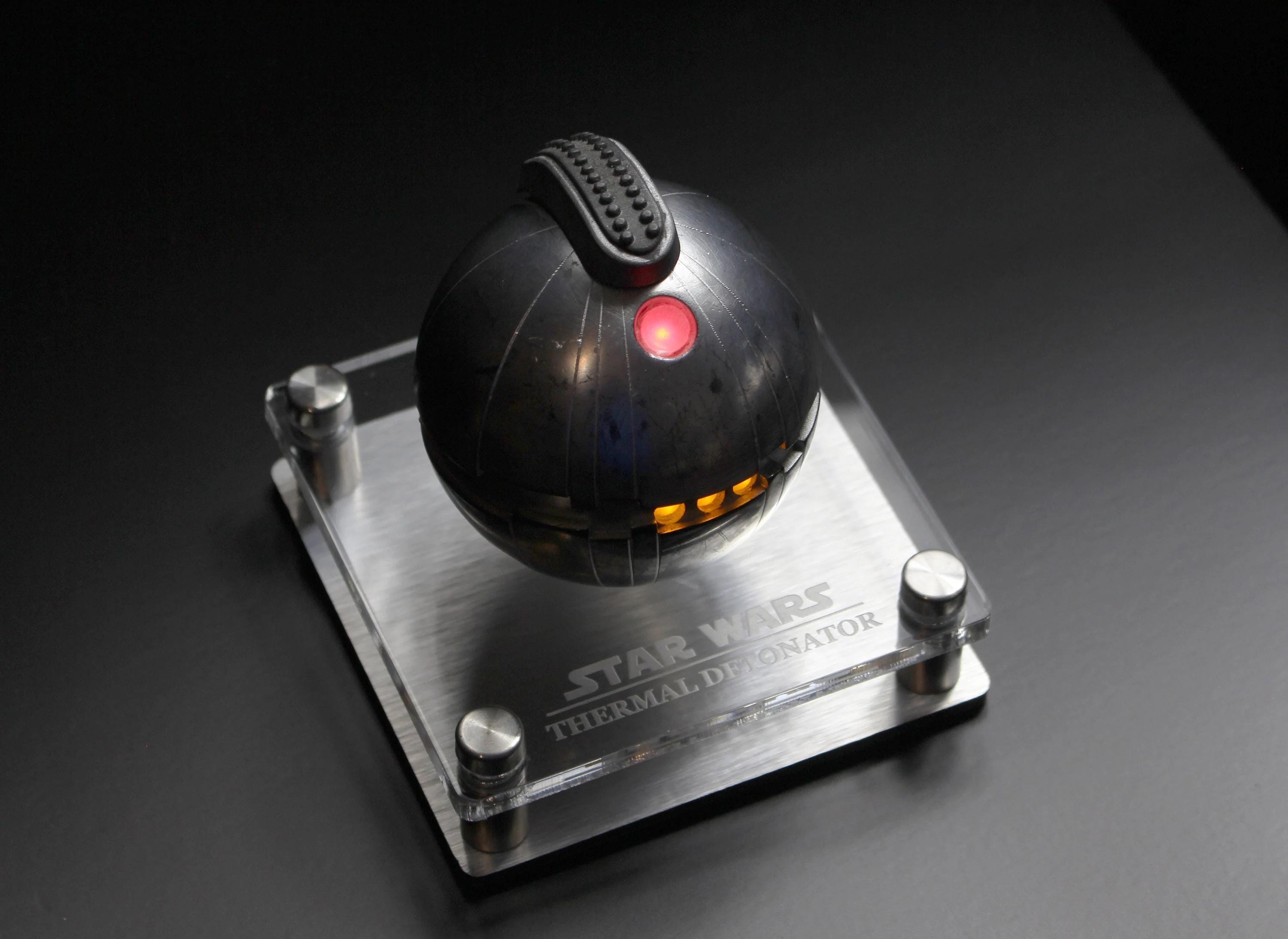 starwars, thermal detonator, display stand, ships next day, in stock, acrylic aluminum, polished edges