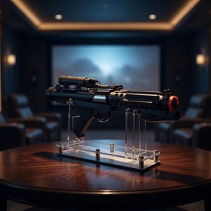 May include: A black and silver replica blaster rifle with a scope and orange tip, displayed on a clear acrylic stand. The prop is set on a dark wood table in a home theater setting.