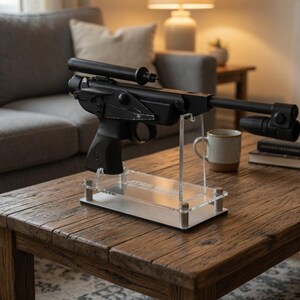 May include: A black replica blaster pistol with a scope and a light attachment, displayed on a clear acrylic stand. The prop gun is set on a wooden coffee table in a living room setting.