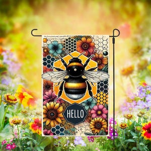 Garden Flag, Bee Yard Sign, Outdoor Banner, Honeybee Garden Decor, Spring Garden Flag