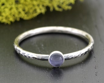 Silver Iolite Stacking Ring | Iolite and Hammered Sterling Silver Ring Stacking | Water Sapphire Ring