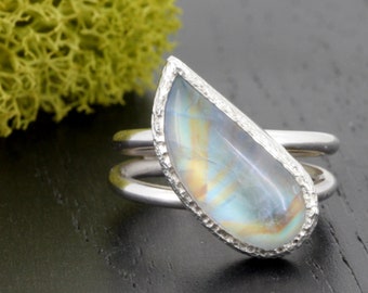 Crescent Rainbow Moonstone and Sterling Silver Ring