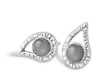 Black Moonstone and Silver Paisley Stud Earrings | Black Moonstone Paisley Silver Post Earrings | Black Moonstone Stud Earrings