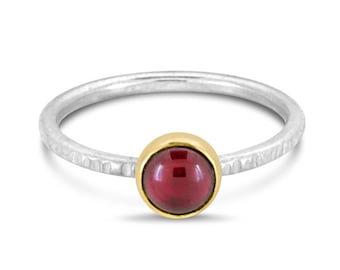 Mixed 14k Gold and Silver Garnet Stacking Ring | Recycled Silver and Gold Garnet Stackable ring | Garnet Stacker in 14k Gold and Silver