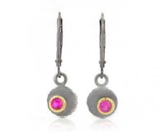 18k Gold and Silver Ruby Earrings | 18k Solid Yellow Gold and Ruby Earrings in Silver